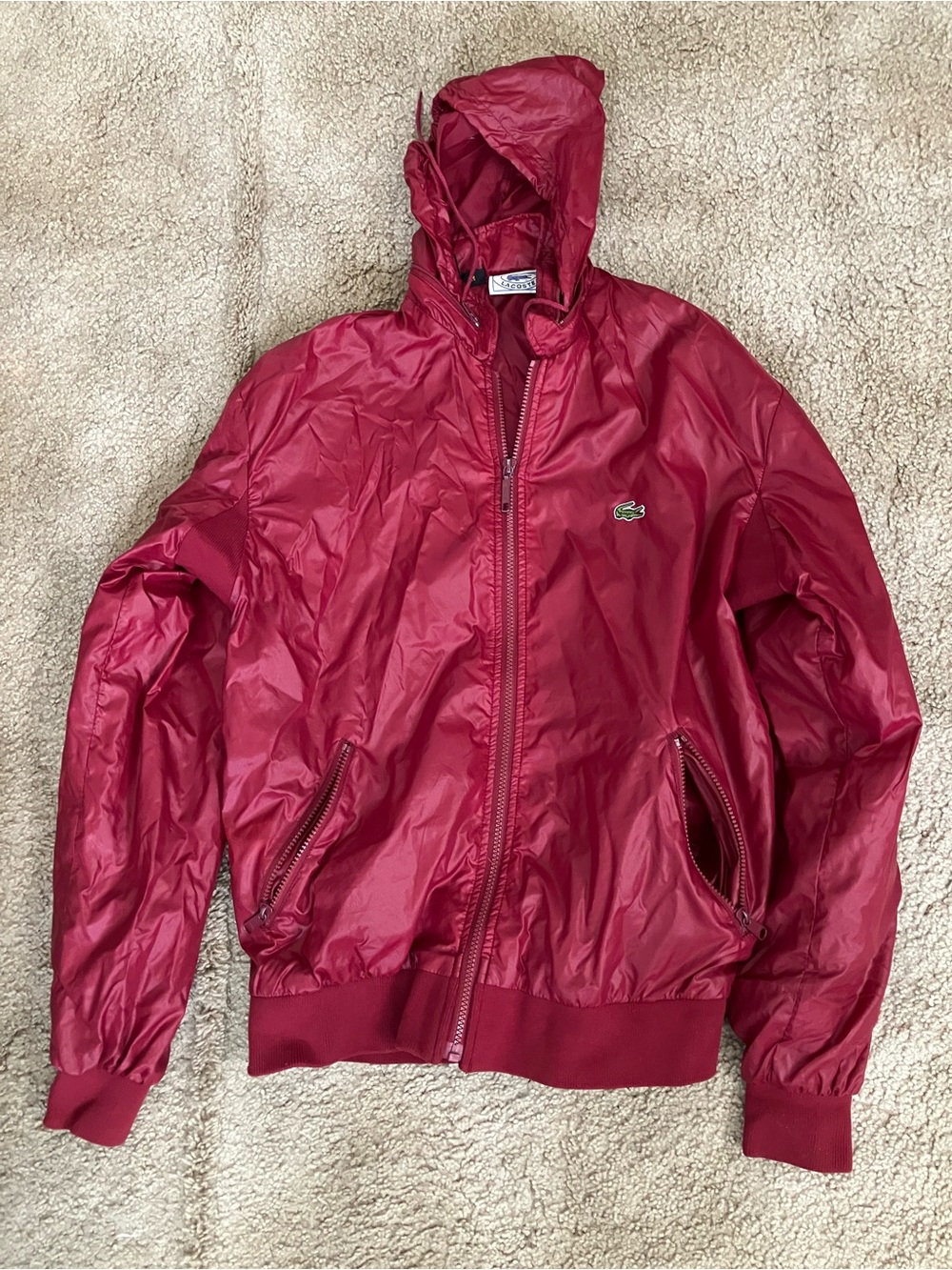 Vintage 80’s Izod/Lacoste Men's Burgundy Hooded Windbreaker Jacket